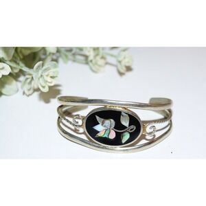 Vtg Alpaca Mexico Flower Mother of Pearl Shell Mosaic Cuff Bracelet